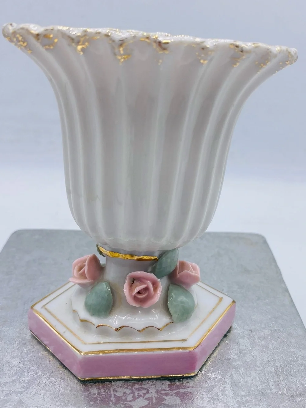 Vintage Bond Ware L&M Porcelain Fluted White Vase with Pink Roses Gold Trim